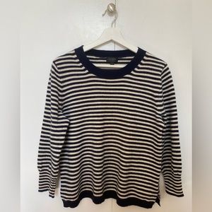 J.Crew Cashmere Navy and Cream Striped Pullover Sweater with 3/4 Length Sleeves